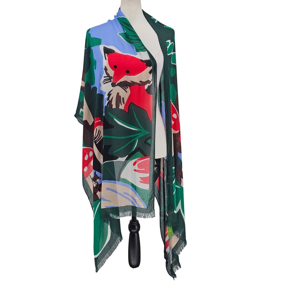 Kate Spade Scarf OS Green Woodland Fox Owl Mushroom Whimsical Cottagecore NWT
